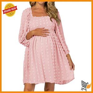Maternity Long Sleeve Swiss Dot Dress Loose Fit Square Neck Mini
